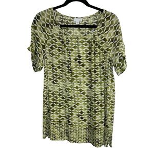 J.Jill Green Geometric Printed Short Sleeve Blouse Rayon Size Large